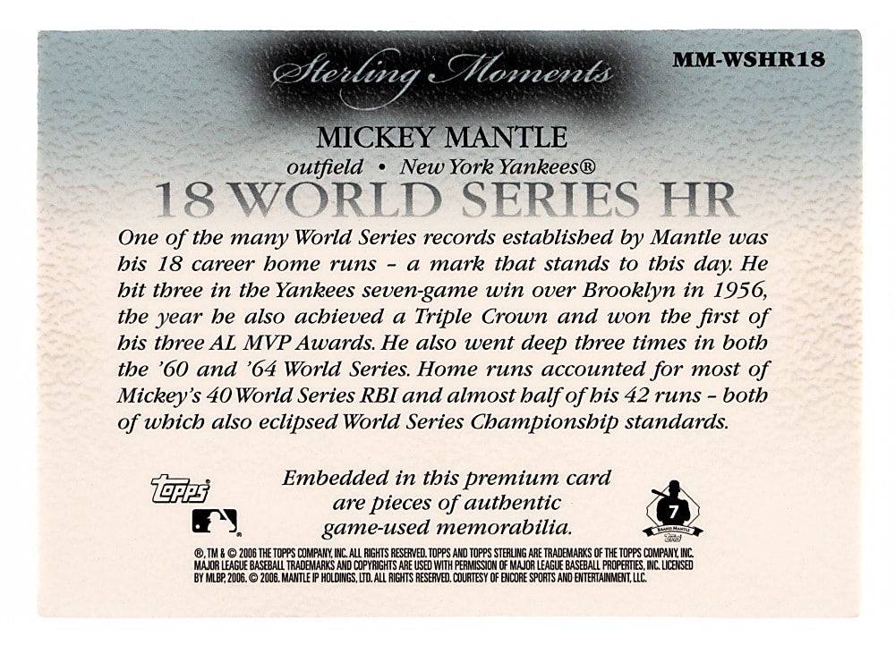 2006 Topps Sterling Mickey Mantle Sterling Moments #18 Six-Piece Relic #5/10