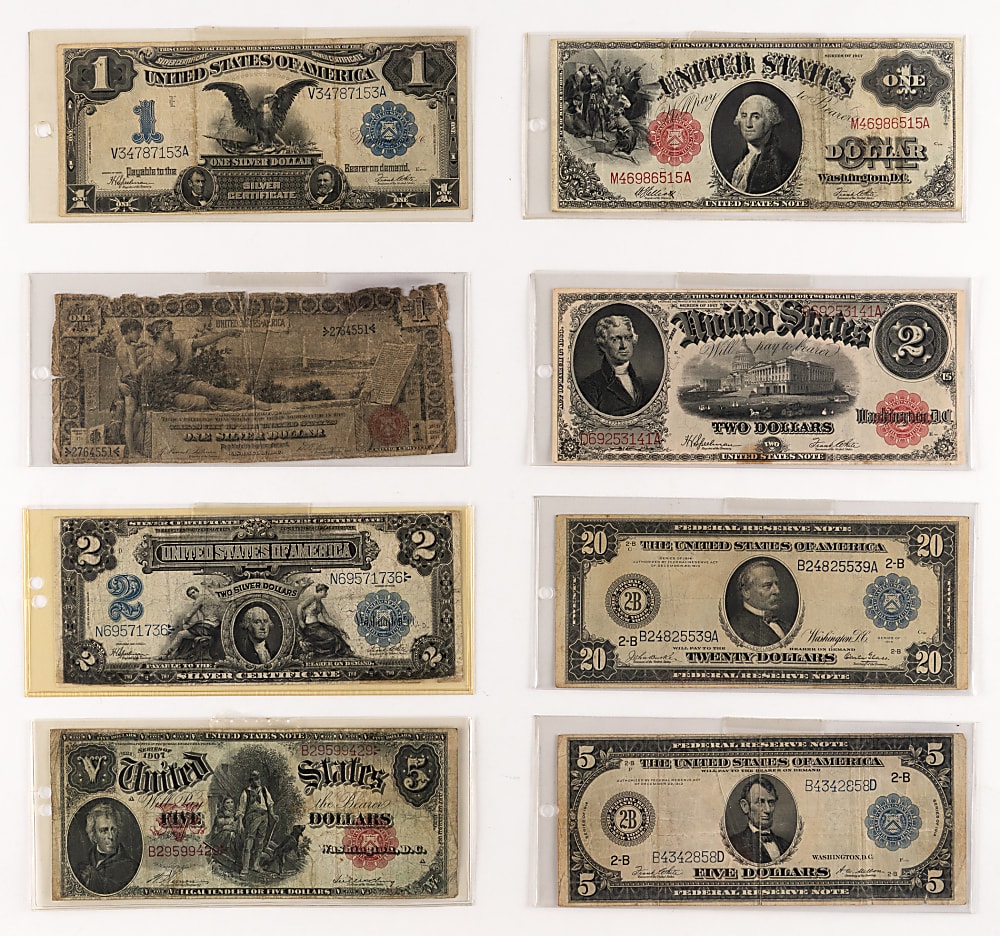 1896-1917 U.S Large Notes (8) with $5 Woodchopper, $2 Mini-Portal, $1 Educational & $1 Black Eagle