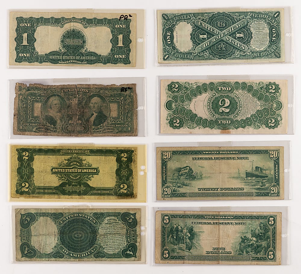 1896-1917 U.S Large Notes (8) with $5 Woodchopper, $2 Mini-Portal, $1 Educational & $1 Black Eagle