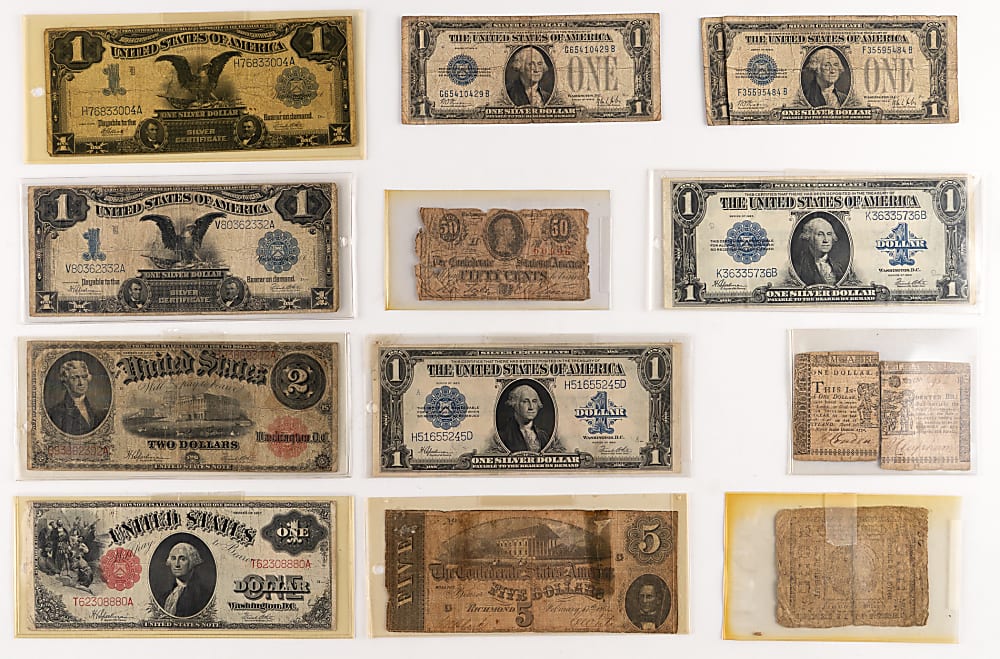 1770-1923 Paper Currency Collection (12) with (2) Colonial, (2) Confederate & (2) Black Eagle