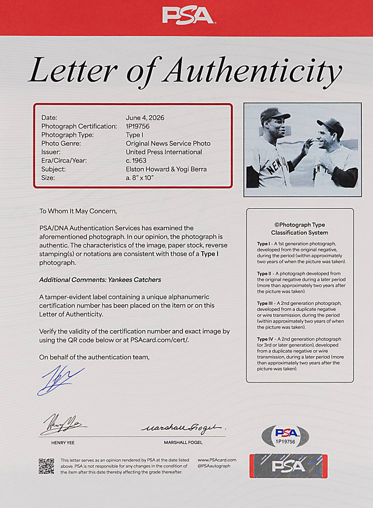 Circa 1963 Elston Howard and Yogi Berra Type I Original News Service Photo - PSA