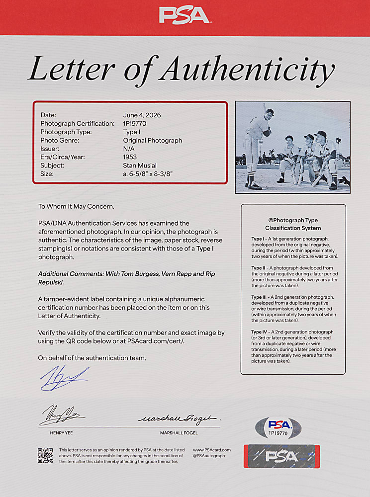 1953 Stan Musial Type I Original Photo - PSA