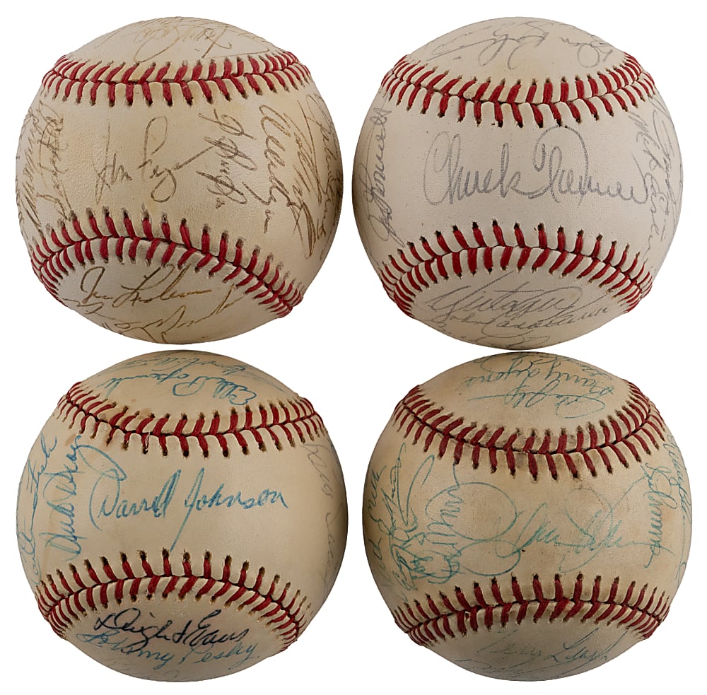 1975-1988 National/American League East Team-Signed Baseball Quartet with 1975 Boston Red Sox & 1988 New York Mets