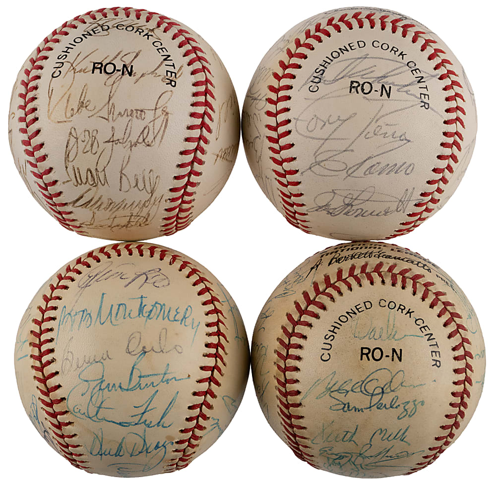 1975-1988 National/American League East Team-Signed Baseball Quartet with 1975 Boston Red Sox & 1988 New York Mets
