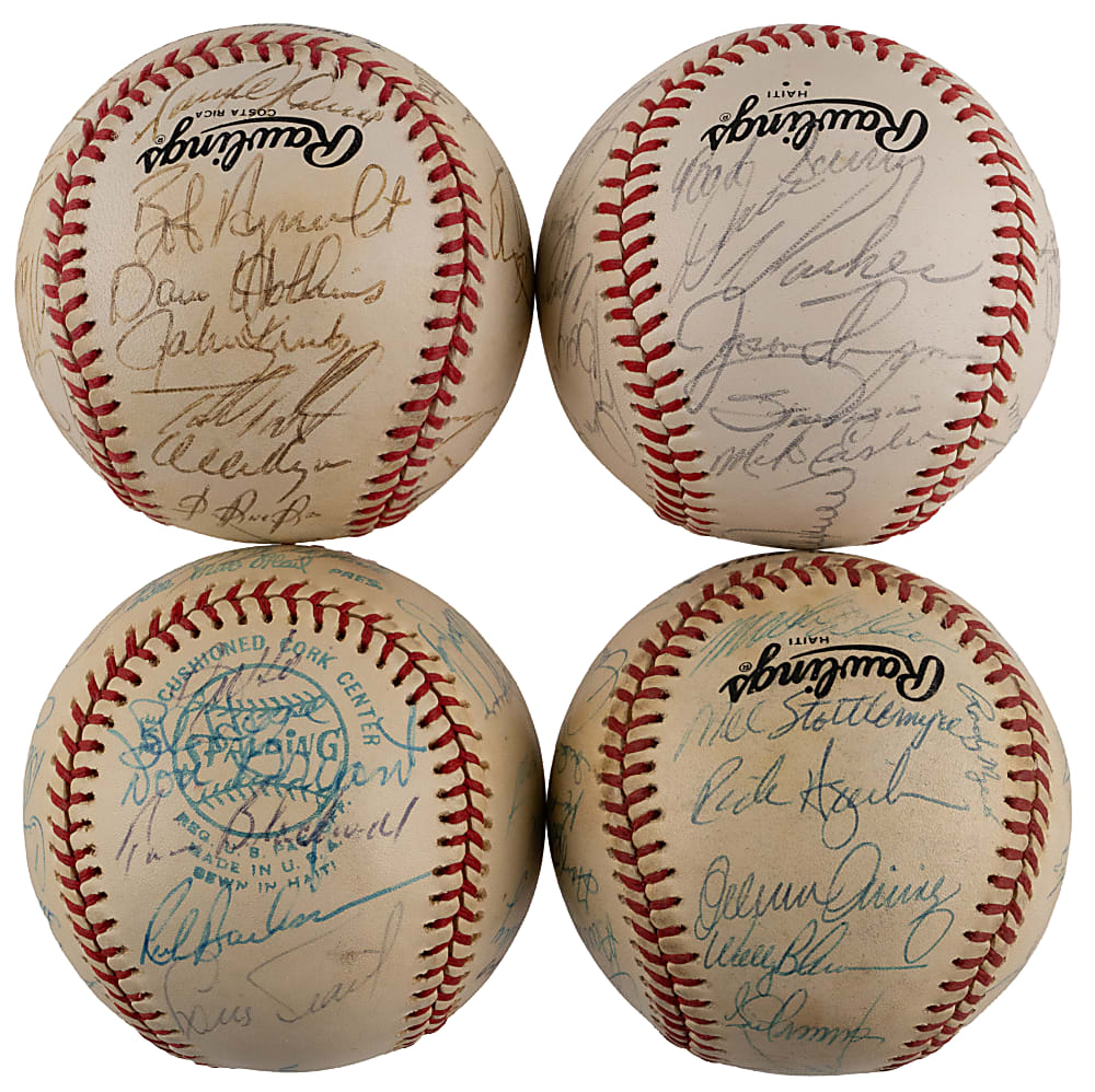 1975-1988 National/American League East Team-Signed Baseball Quartet with 1975 Boston Red Sox & 1988 New York Mets