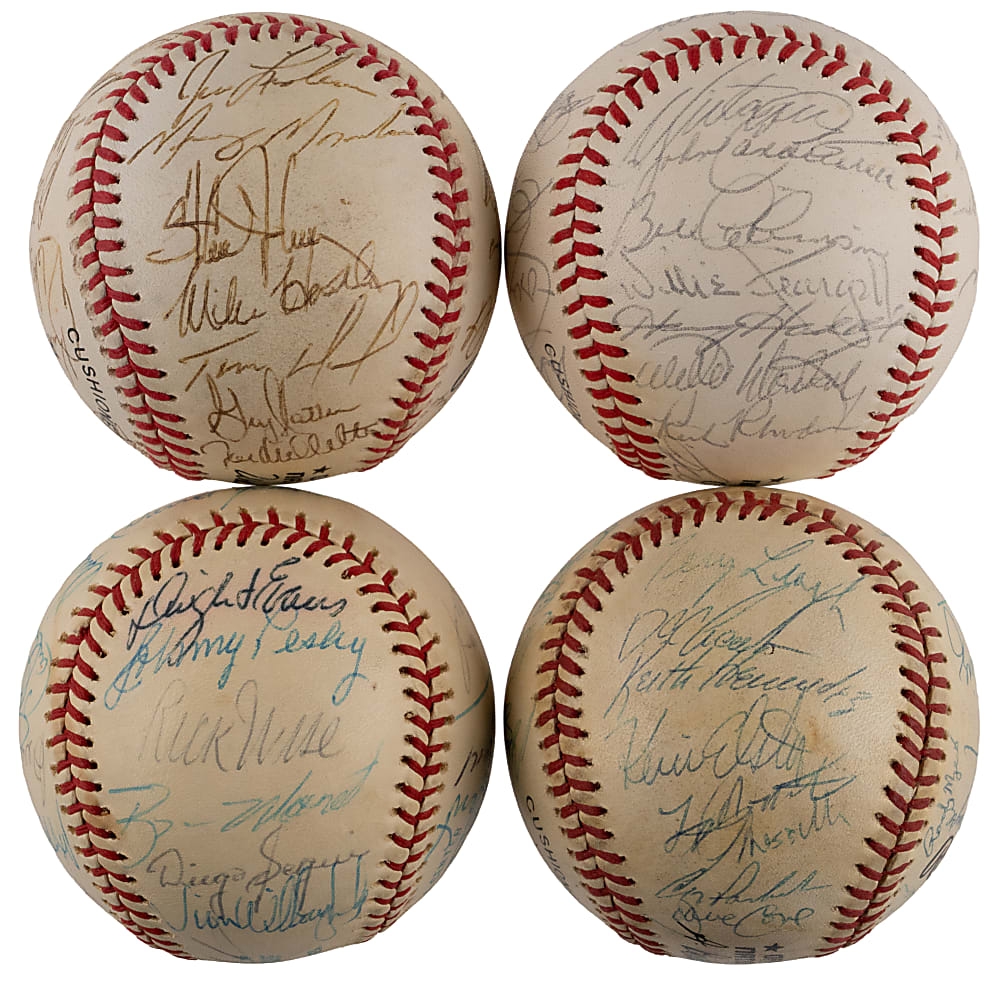 1975-1988 National/American League East Team-Signed Baseball Quartet with 1975 Boston Red Sox & 1988 New York Mets