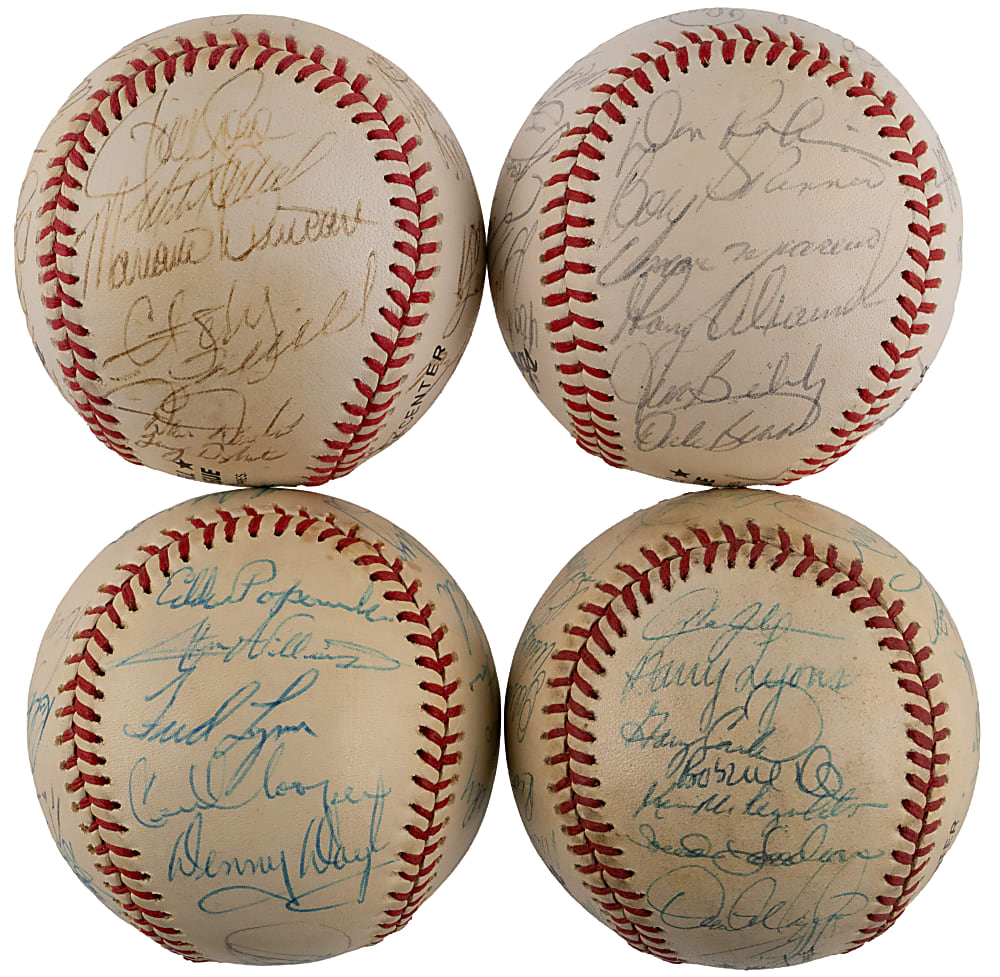1975-1988 National/American League East Team-Signed Baseball Quartet with 1975 Boston Red Sox & 1988 New York Mets