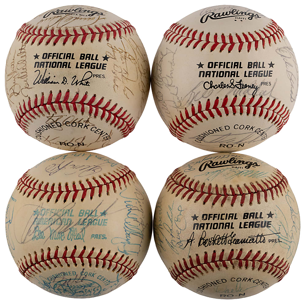1975-1988 National/American League East Team-Signed Baseball Quartet with 1975 Boston Red Sox & 1988 New York Mets