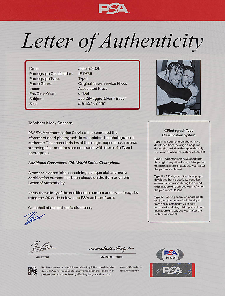 1951 Joe DiMaggio and Hank Bauer Type I Original News Service Photo - PSA