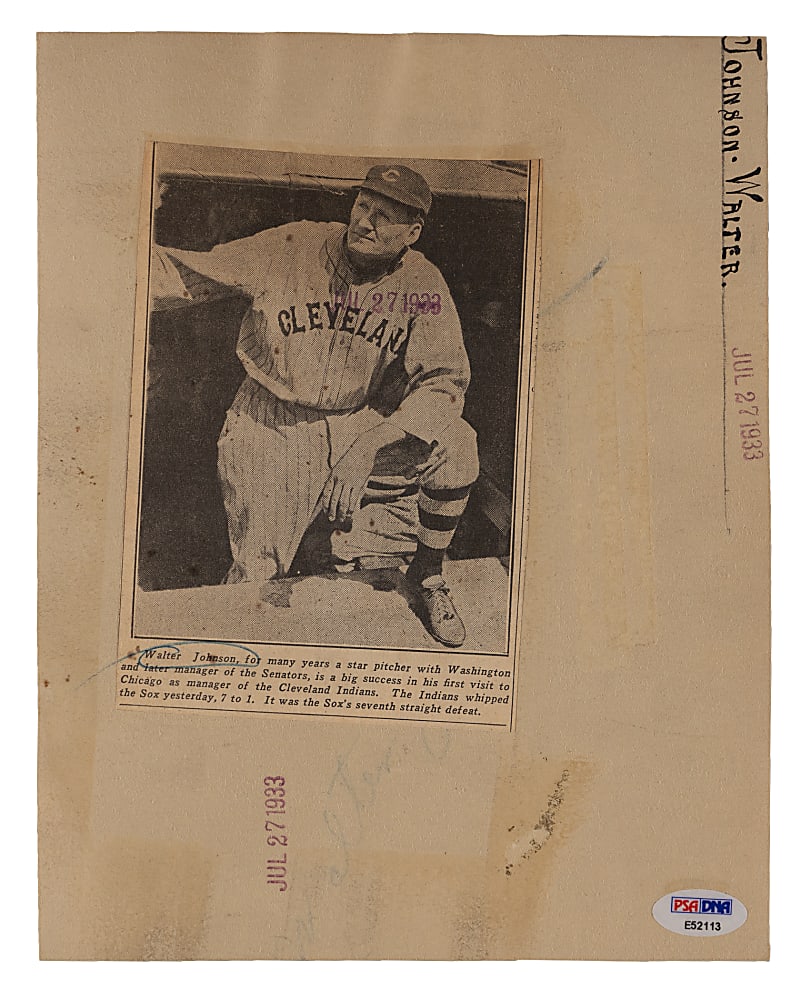 1933 Walter Johnson Type I Original News Service Photo - PSA