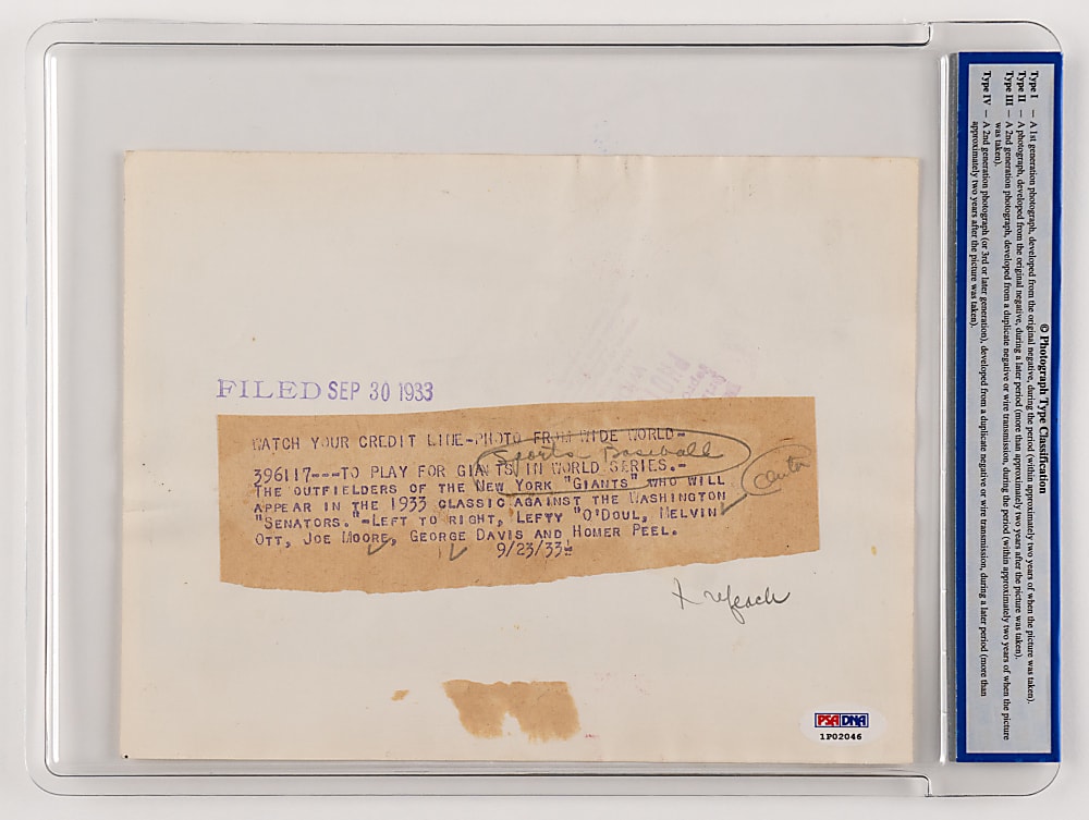 1933 New York Giants World Series Outfielders Type I Original News Service Photo