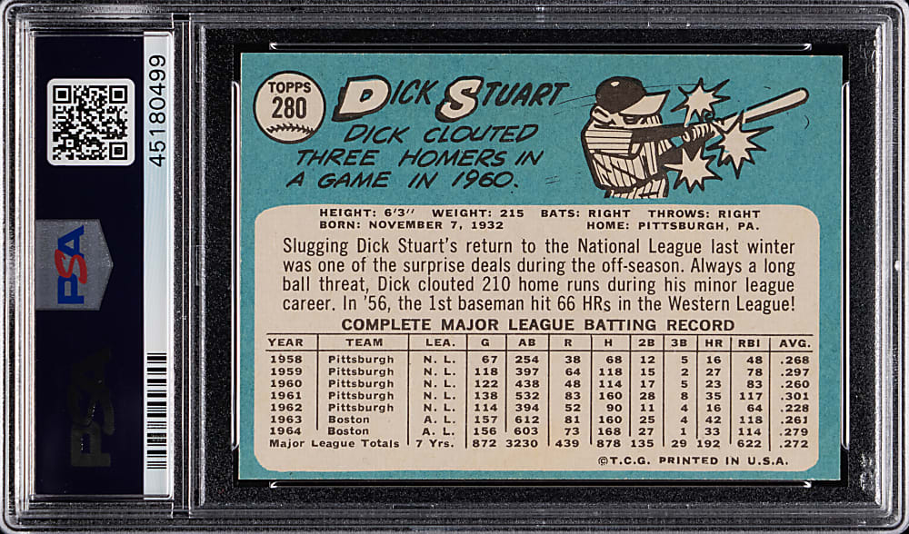 1965 Topps #280 Dick Stuart PSA GEM MINT 10 - Population 1