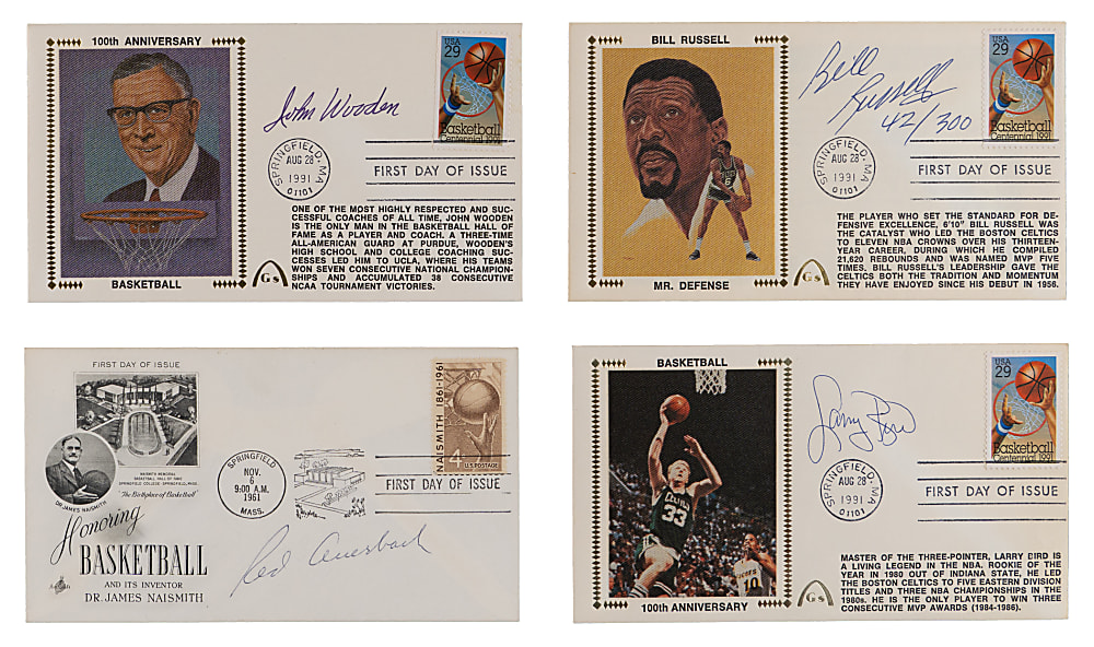 Basketball Hall of Fame Signed First Day Cover Collection (12) with Red Auerbach, Bill Russell, Larry Bird & John Wooden