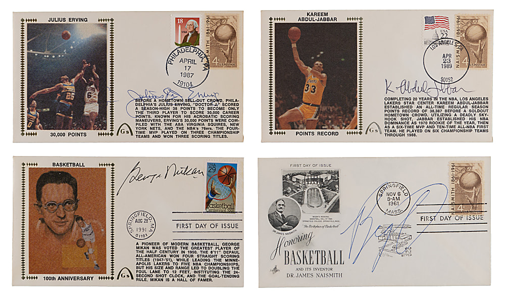 Basketball Hall of Fame Signed First Day Cover Collection (12) with Red Auerbach, Bill Russell, Larry Bird & John Wooden