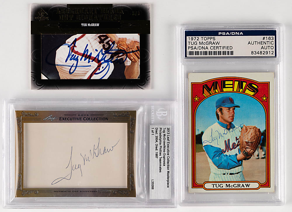 1972-2013 Tug McGraw Autographed Card Trio with 1972 Topps PSA/DNA Authentic