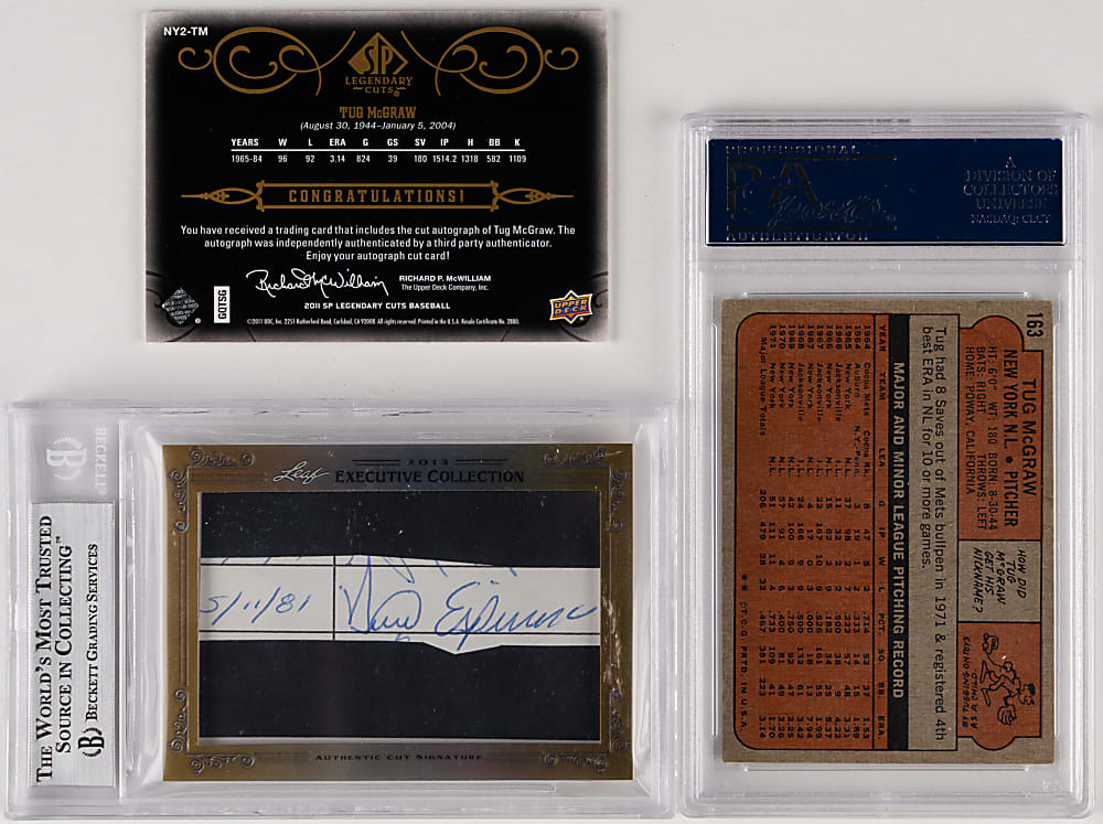 1972-2013 Tug McGraw Autographed Card Trio with 1972 Topps PSA/DNA Authentic