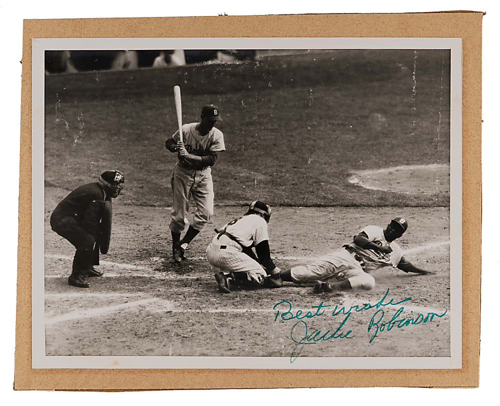 Jackie Robinson Signed 1955 World Series Game 1 Stealing Home Photograph - Full JSA LOA