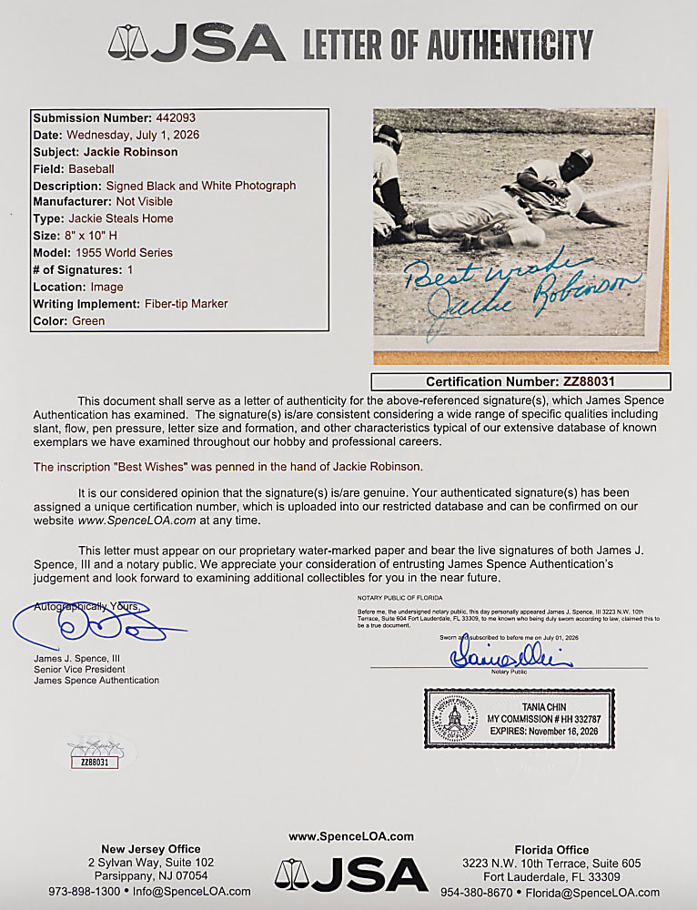 Jackie Robinson Signed 1955 World Series Game 1 Stealing Home Photograph - Full JSA LOA