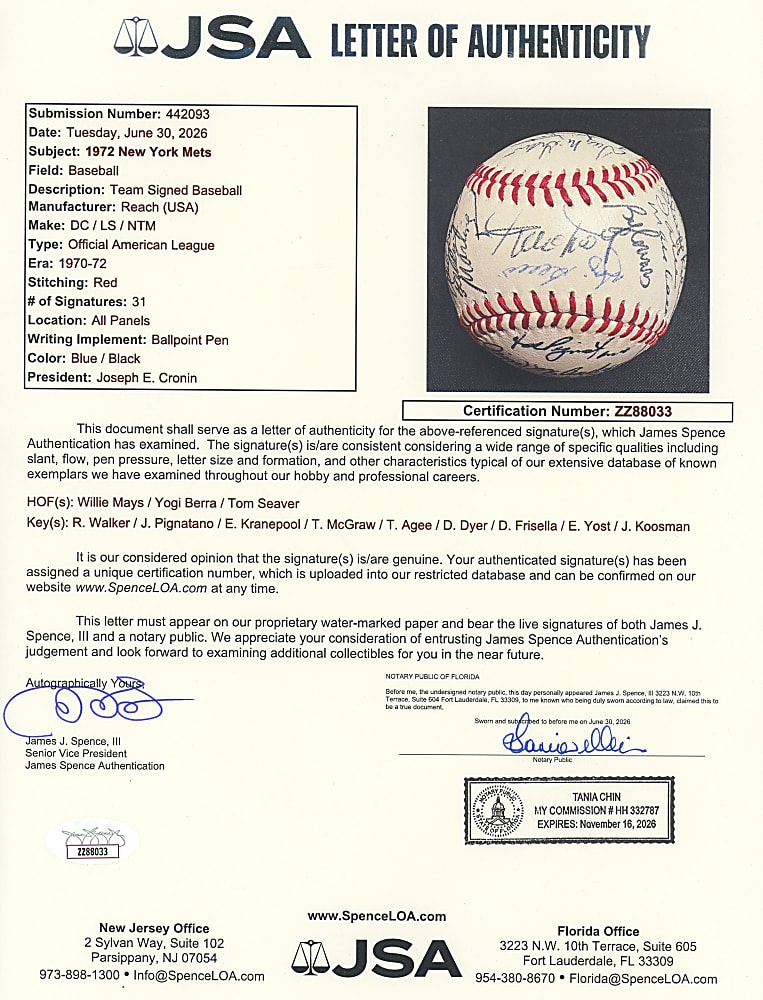 1972 New York Mets Team-Signed Baseball with (31) Signatures Including Mays, Berra & Seaver - JSA LOA
