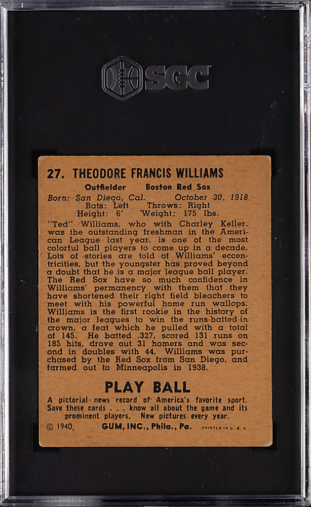 1940 Play Ball #27 Ted Williams SGC VG 3