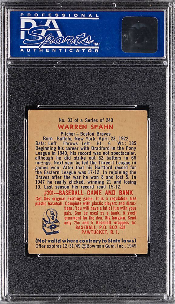 1949 Bowman #33 Warren Spahn PSA VG 3