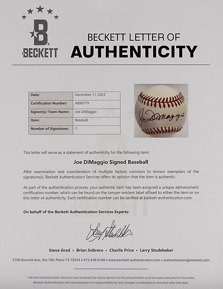 Joe DiMaggio Single-Signed OAL/Brown Baseball with Full Beckett LOA