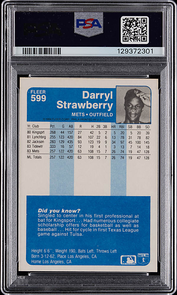 1984 Fleer #599 Darryl Strawberry Rookie PSA GEM MT 10