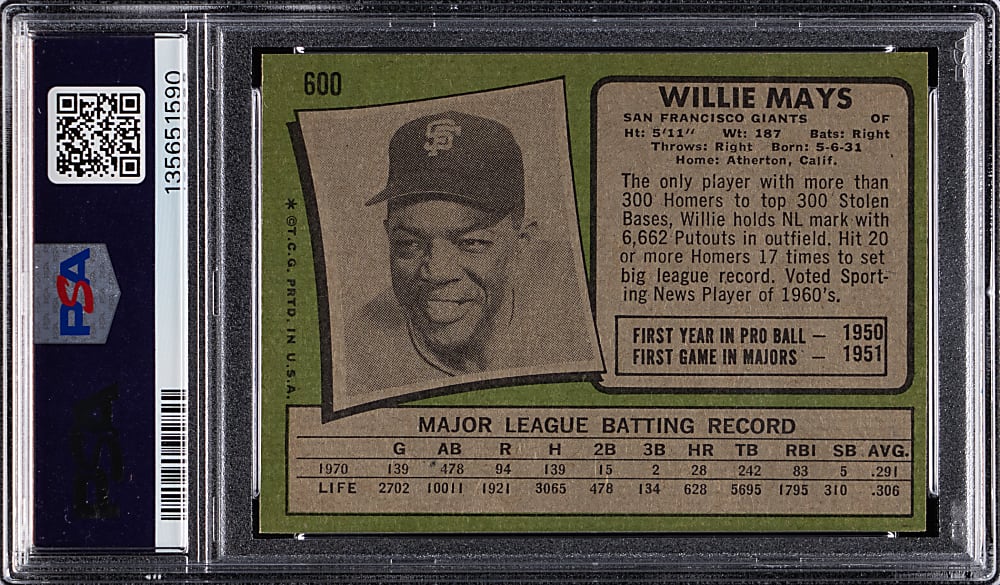 1971 Topps #600 Willie Mays PSA NM 7