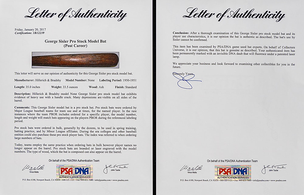 1950-1951 George Sisler Post-Career Pro Stock Model Bat - PSA/DNA LOA