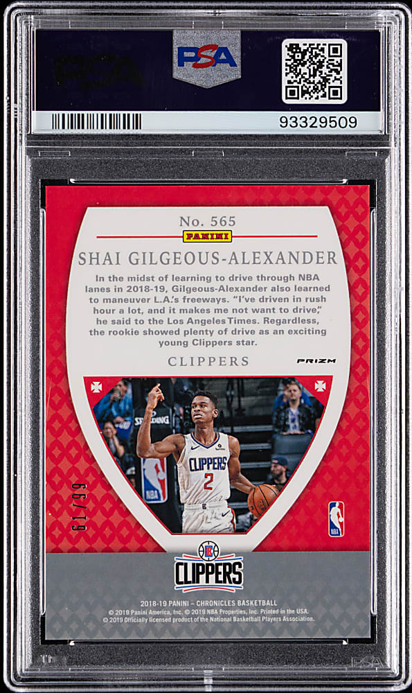 2018-2019 Panini Chronicles Basketball #565 Shai Gilgeous-Alexander Rookie Crusade Blue PSA GEM MT 10