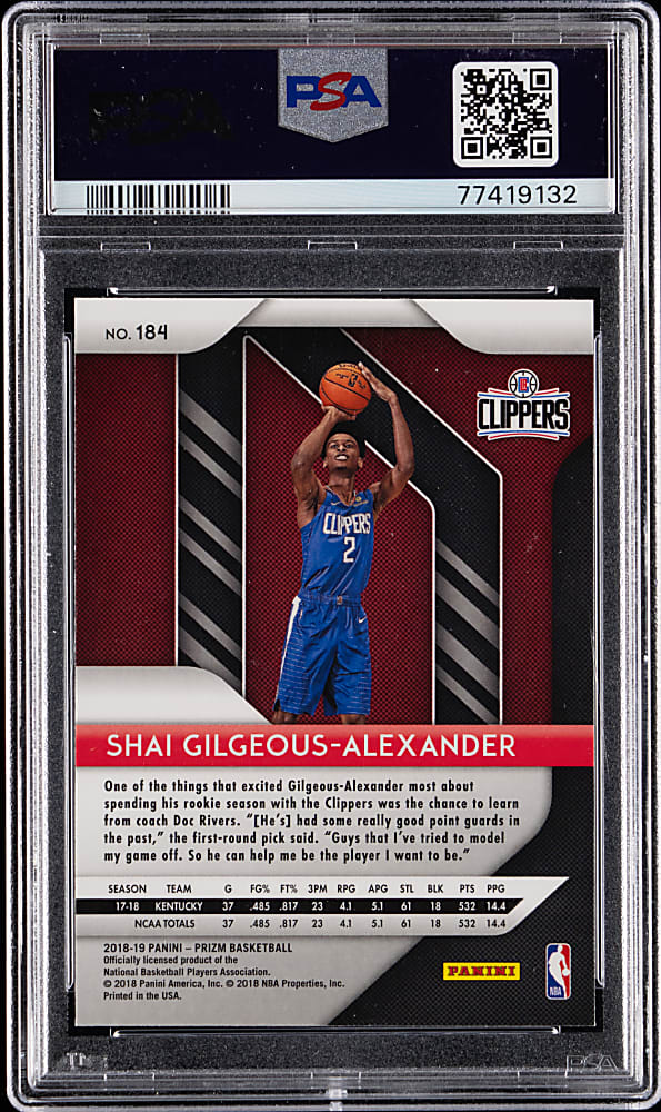 2018-2019 Panini Prizm Basketball #184 Shai Gilgeous-Alexander Rookie PSA GEM MT 10