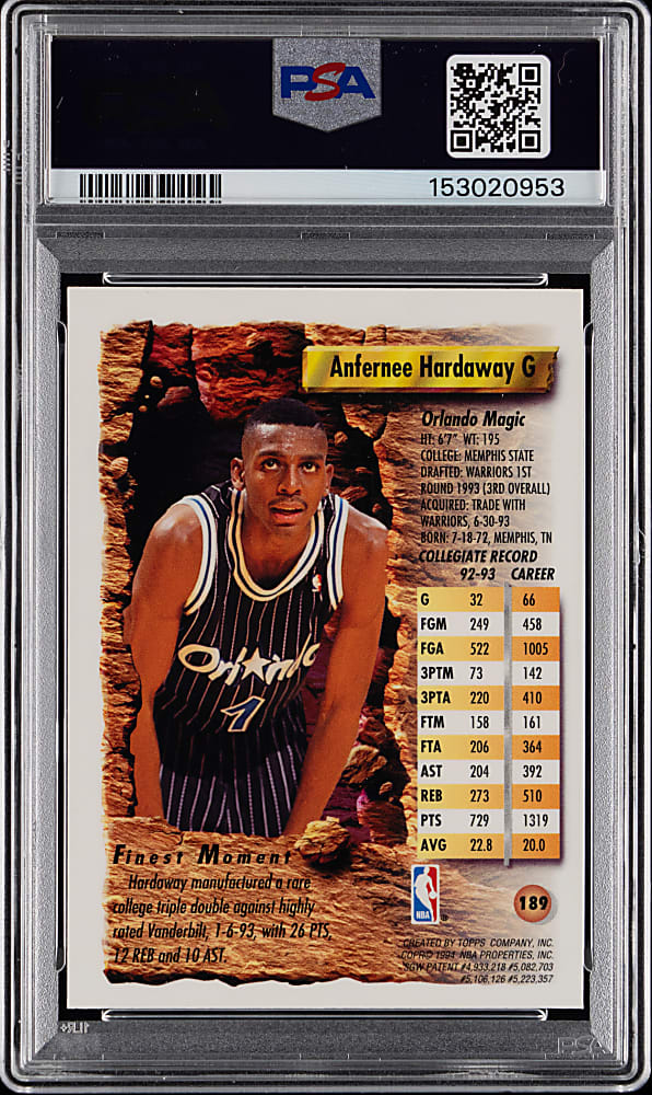 1993-1994 Topps Finest Basketball #189 Anfernee Hardaway Refractor PSA NM-MT 8