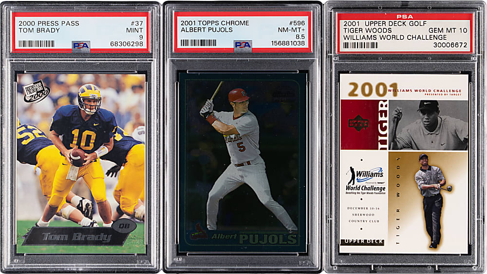 2000 & 2001 Multi-Sport Hall of Fame Legend Rookie PSA Graded Trio with Brady, Pujols & Woods