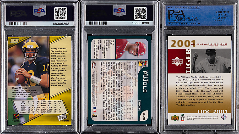 2000 & 2001 Multi-Sport Hall of Fame Legend Rookie PSA Graded Trio with Brady, Pujols & Woods