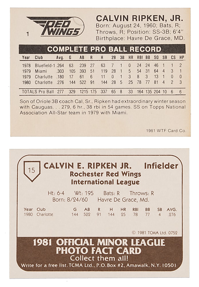1981 TCMA & WTF Rochester Red Wings Cal Ripken Jr. Pre-Rookie Pair Plus WTF Team Set