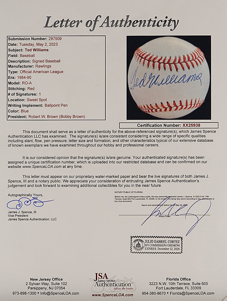 Ted Williams Single-Signed OAL/Brown Baseball with Full JSA LOA