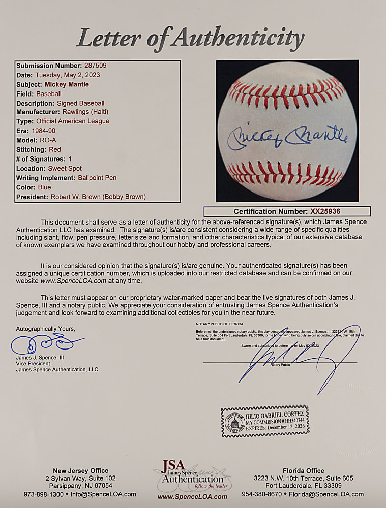 Mickey Mantle Single-Signed OAL/Brown Baseball - JSA LOA