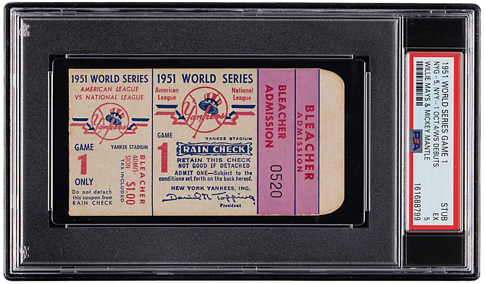 1951 World Series Game 1 Ticket Stub - New York Yankees vs. New York Giants - Mickey Mantle & Willie Mays Postseason Debuts - PSA EX 5