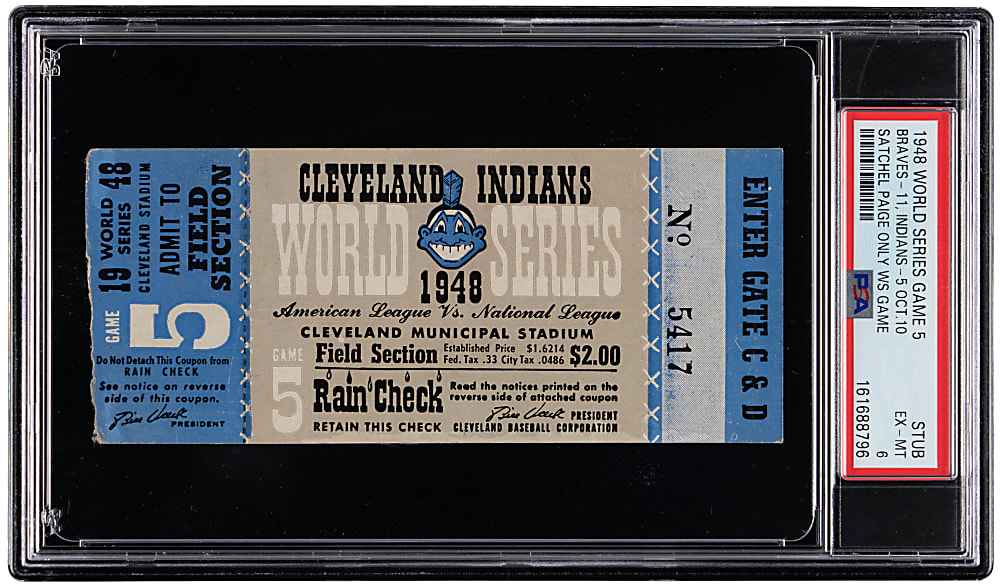 1948 World Series Game 5 Ticket Stub - Cleveland Indians vs. Boston Braves - Satchel Paige's Only World Series Appearance - PSA EX-MT 6