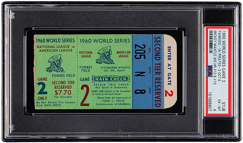 1960 World Series Game 2 Ticket Stub - New York Yankees vs. Pittsburgh Pirates - Mickey Mantle World Series Home Runs #12 & #13 - PSA EX-MT 6