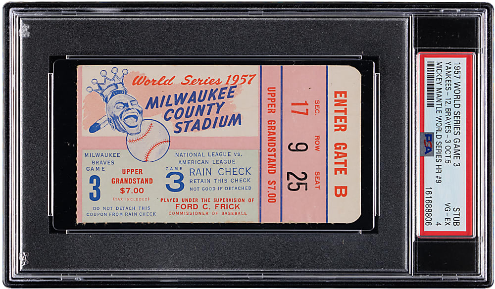 1957 World Series Game 3 Ticket Stub - Milwaukee Braves vs. New York Yankees - Mantle's 9th World Series Home Run - PSA VG-EX 4