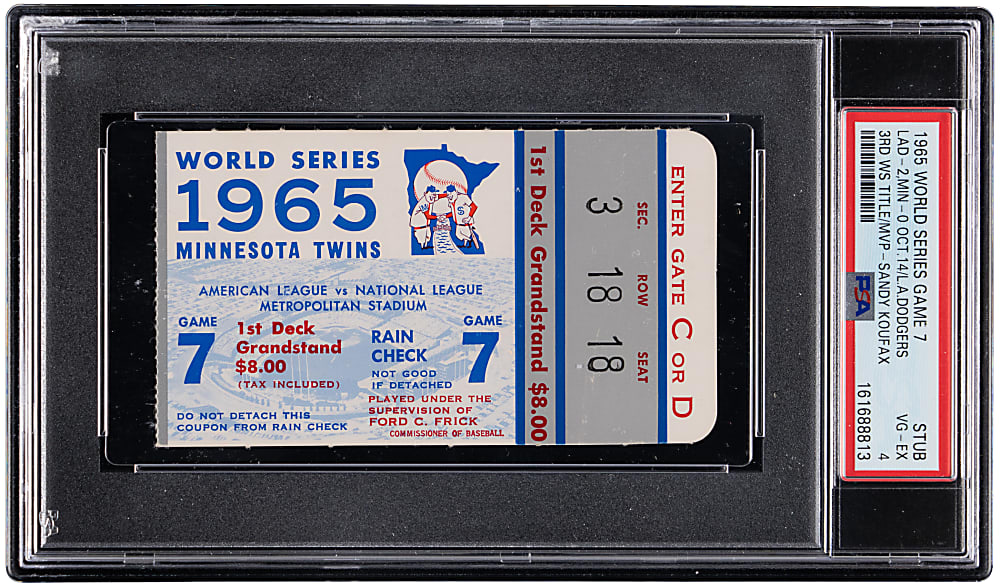 1965 World Series Game 7 Ticket Stub - Los Angeles Dodgers vs. Minnesota Twins - Sandy Koufax MVP - PSA VG-EX 4