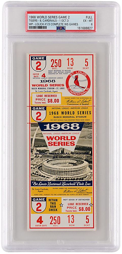 1968 World Series Game 2 Full Ticket - Detroit Tigers vs. St. Louis Cardinals - Lolich's First of 3 Complete Game Wins - PSA EX-MT 6