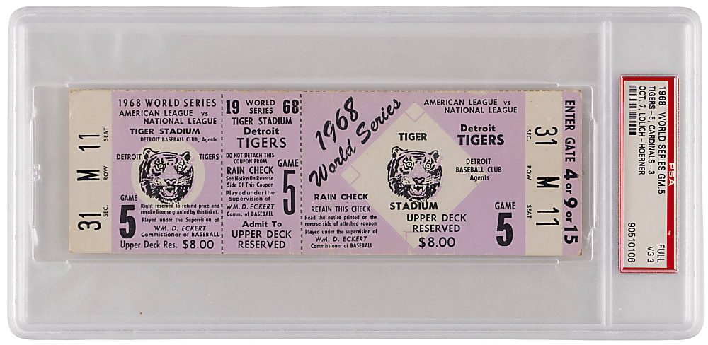 1968 World Series Game 5 Full Ticket - Detroit Tigers vs. St. Louis Cardinals - Lolich's 2nd of 3 Complete Game Wins - PSA VG 3