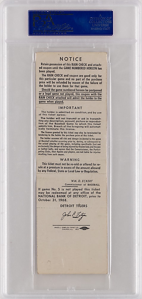 1968 World Series Game 5 Full Ticket - Detroit Tigers vs. St. Louis Cardinals - Lolich's 2nd of 3 Complete Game Wins - PSA VG 3