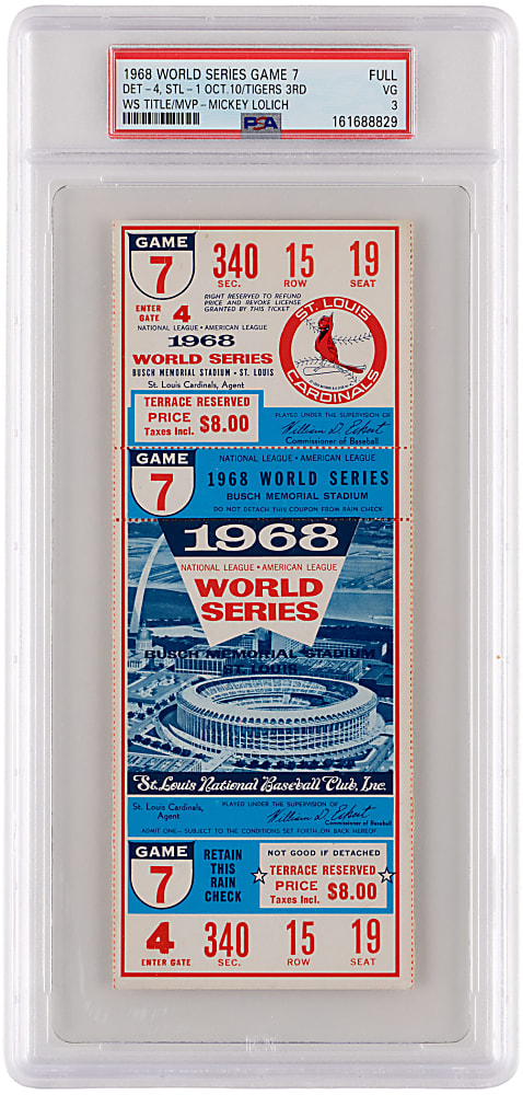 1968 World Series Game 7 Full Ticket - Detroit Tigers Clincher vs. St. Louis Cardinals with Lolich's 3rd Complete Game Win - PSA VG 3