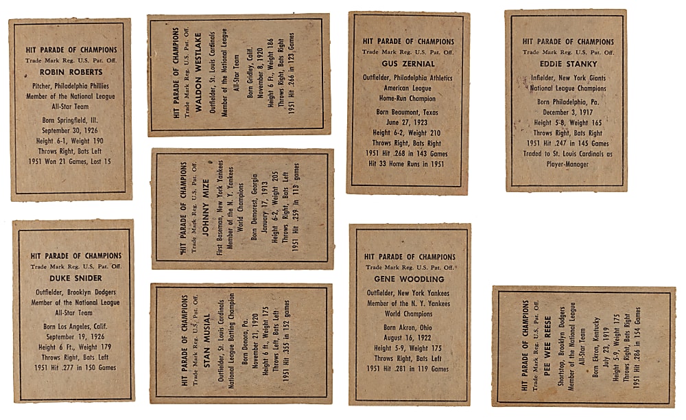 1952 Berk Ross Collection (9) with (5) Hall of Famers Including Musial, Reese & Snider