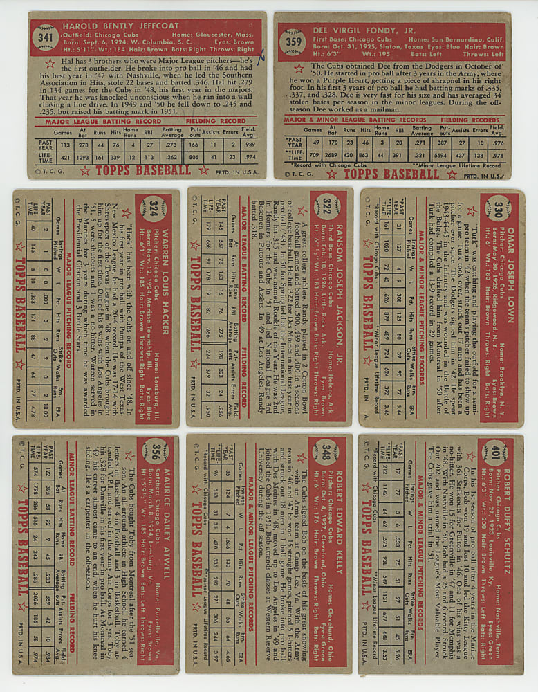 1952 Topps Chicago Cubs Team Set (28) with (9) High Numbers