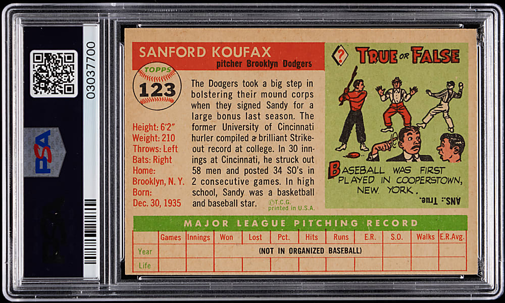 1955 Topps #123 Sandy Koufax Rookie PSA NM 7