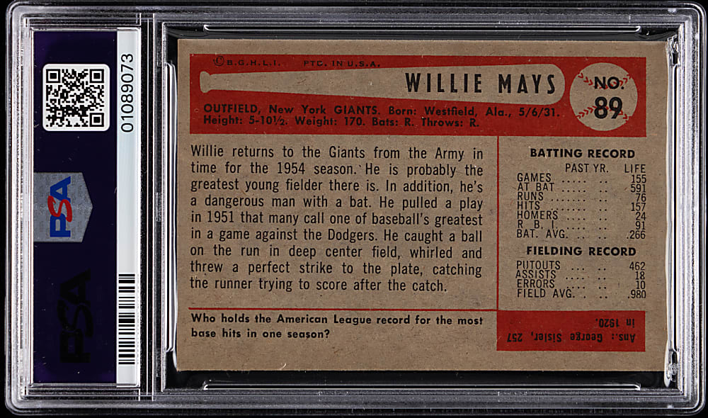 1954 Bowman #89 Willie Mays PSA NM 7